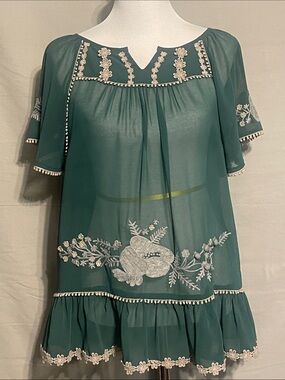 ivy jane Teal Green Embroidered Ruffle Mini Dress